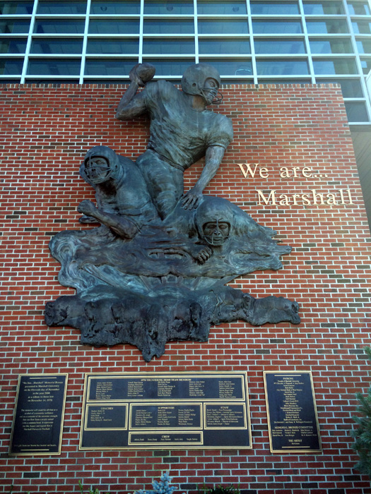 Memorial to the team on the side of the University building
